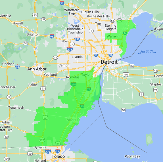  Junk removal service area map for The Junkluggers of Detroit South & Northeast Suburbs
